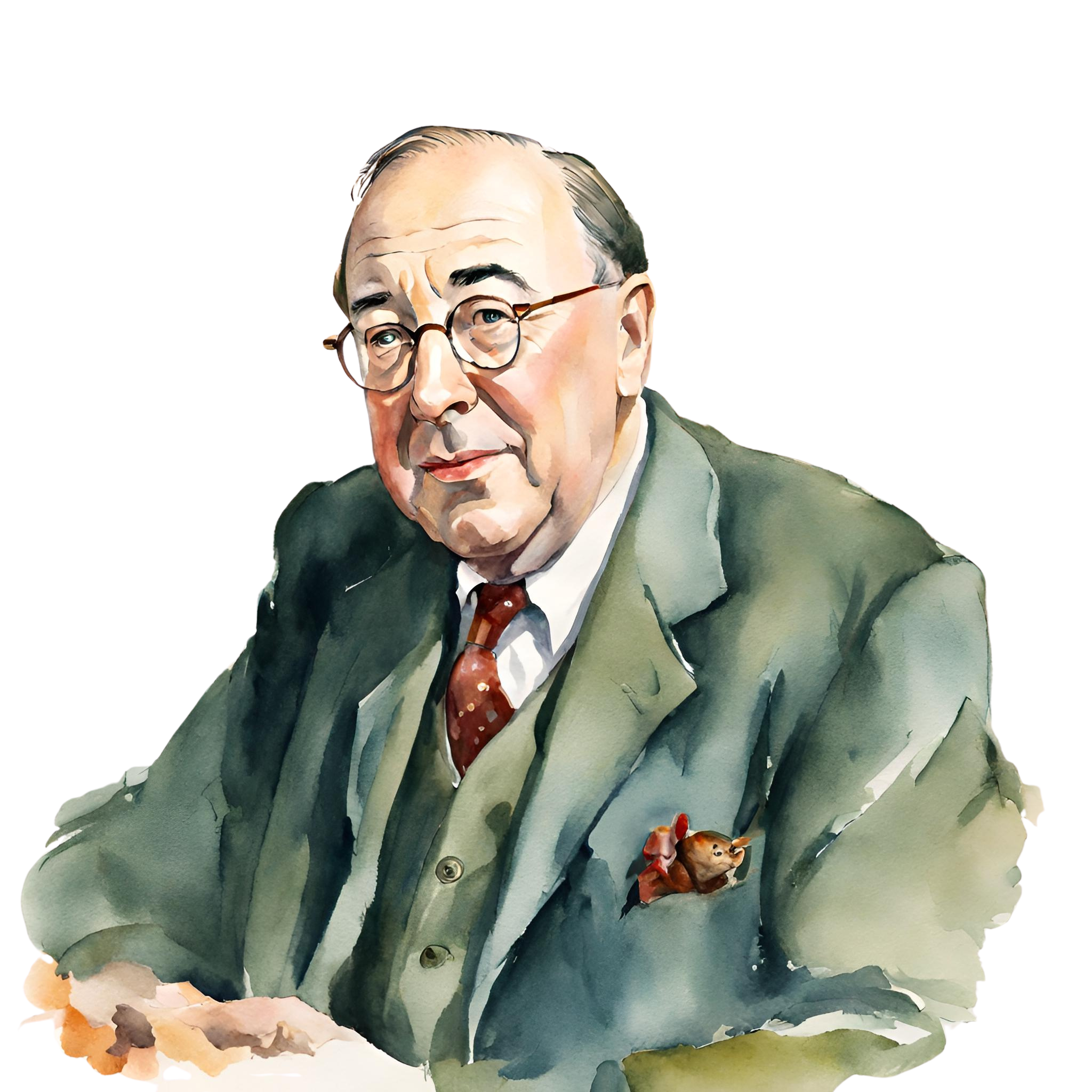 Artistic watercolor portrait of C.S. Lewis, British author and Christian thinker, best known for The Lion, the Witch and the Wardrobe.