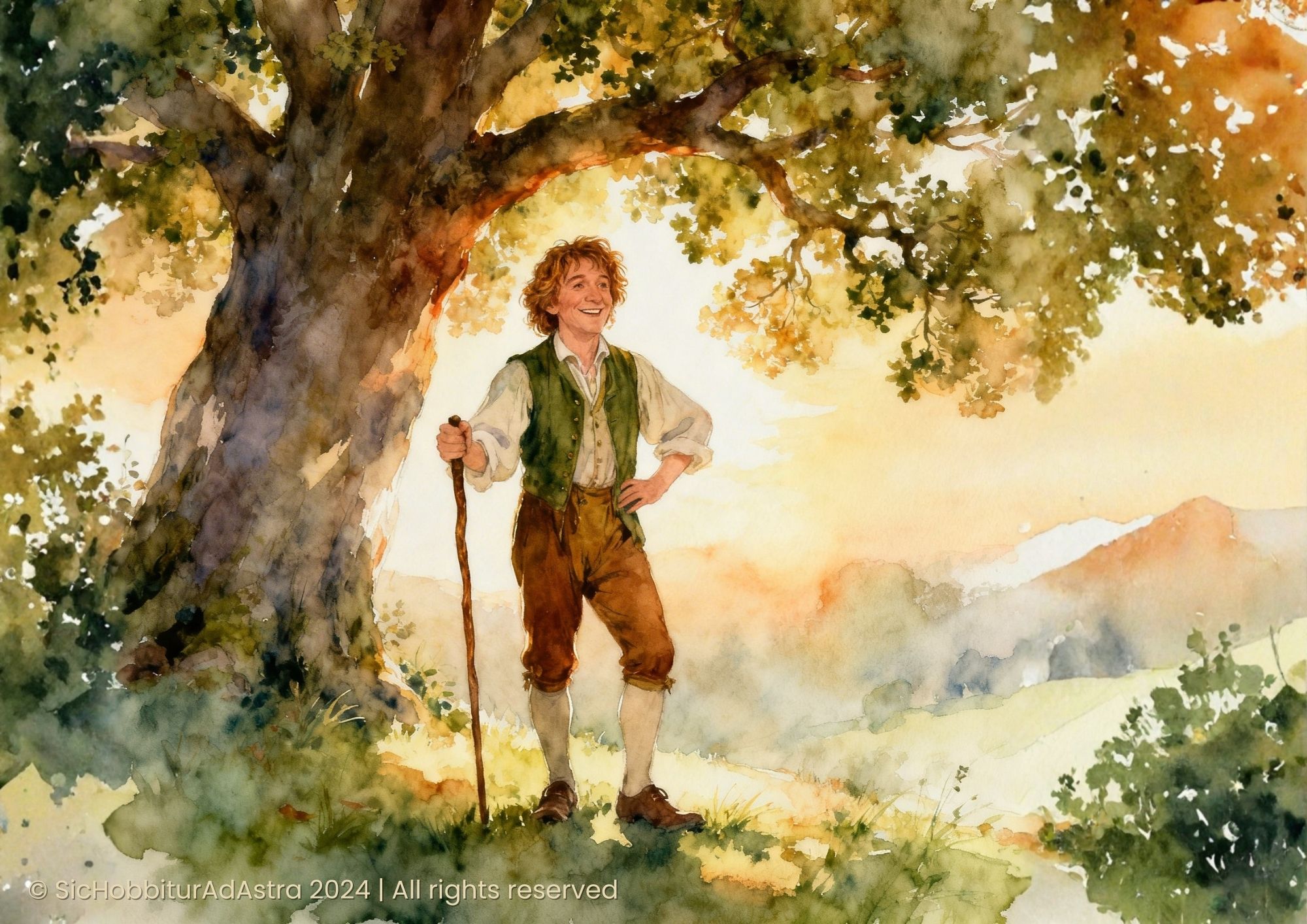 Watercolor illustration of Bilbo Baggins standing with a walking stick, character from The Hobbit by J.R.R. Tolkien