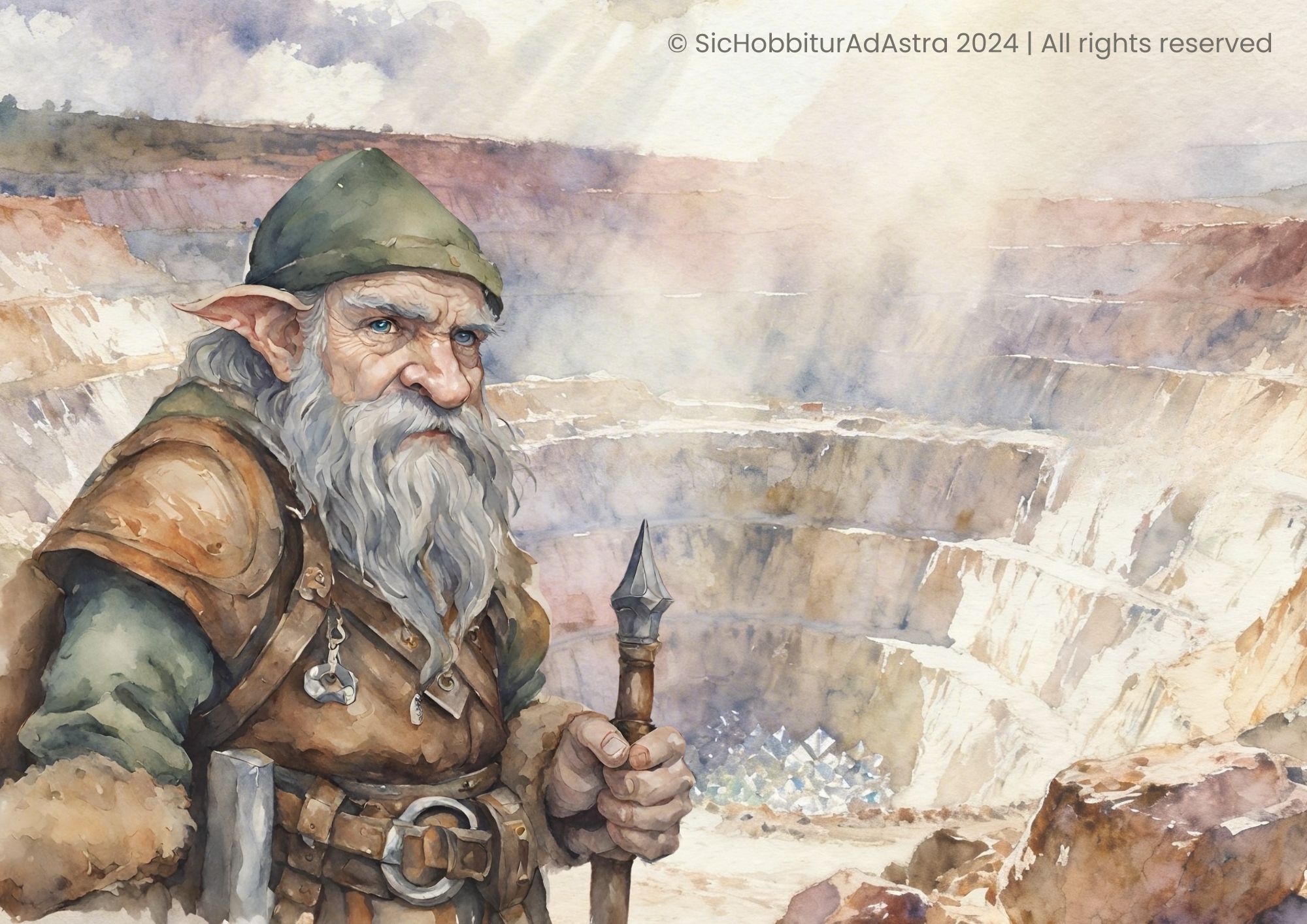 Watercolor illustration of Thorin Oakenshield from The Hobbit by J.R.R. Tolkien, wearing armor and holding his weapon