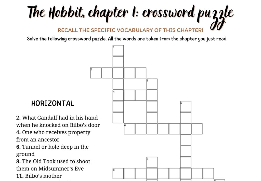 Printable crossword puzzle for Chapter 1 of The Hobbit by J.R.R. Tolkien, designed for middle school ELA students to enhance vocabulary, comprehension, and character understanding.