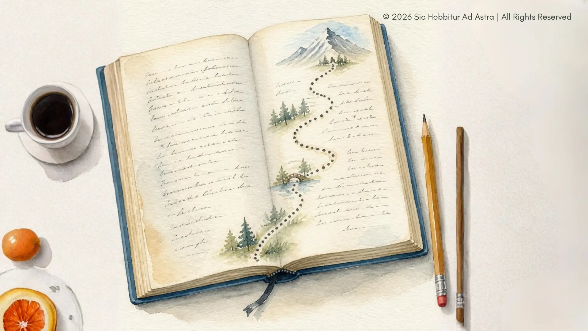 Watercolor of an open handwritten book with a dotted path winding through the pages toward a distant mountain, evoking close reading The Hobbit chapter by chapter.