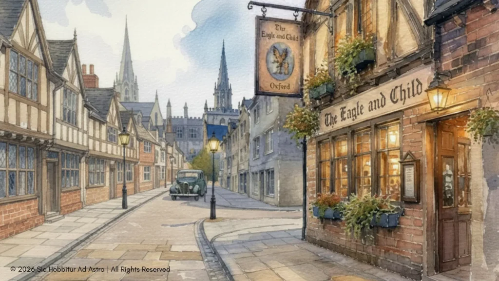 Watercolor of a warm historic English pub at dusk with glowing windows, evoking the Inklings' meeting place and the literary context of The Hobbit.