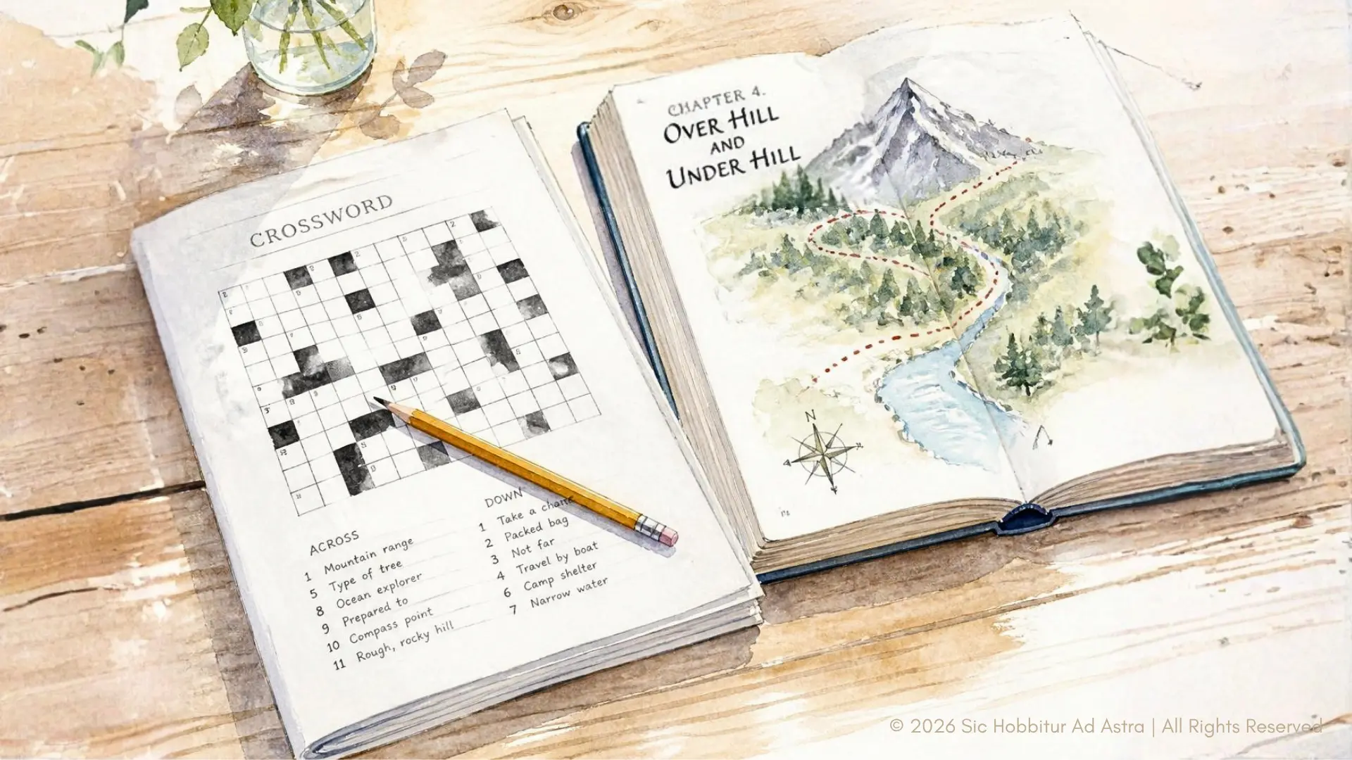 Watercolor of an open crossword puzzle with a pencil beside an open book showing a hand-drawn fantasy map, evoking ELA vocabulary work on The Hobbit.