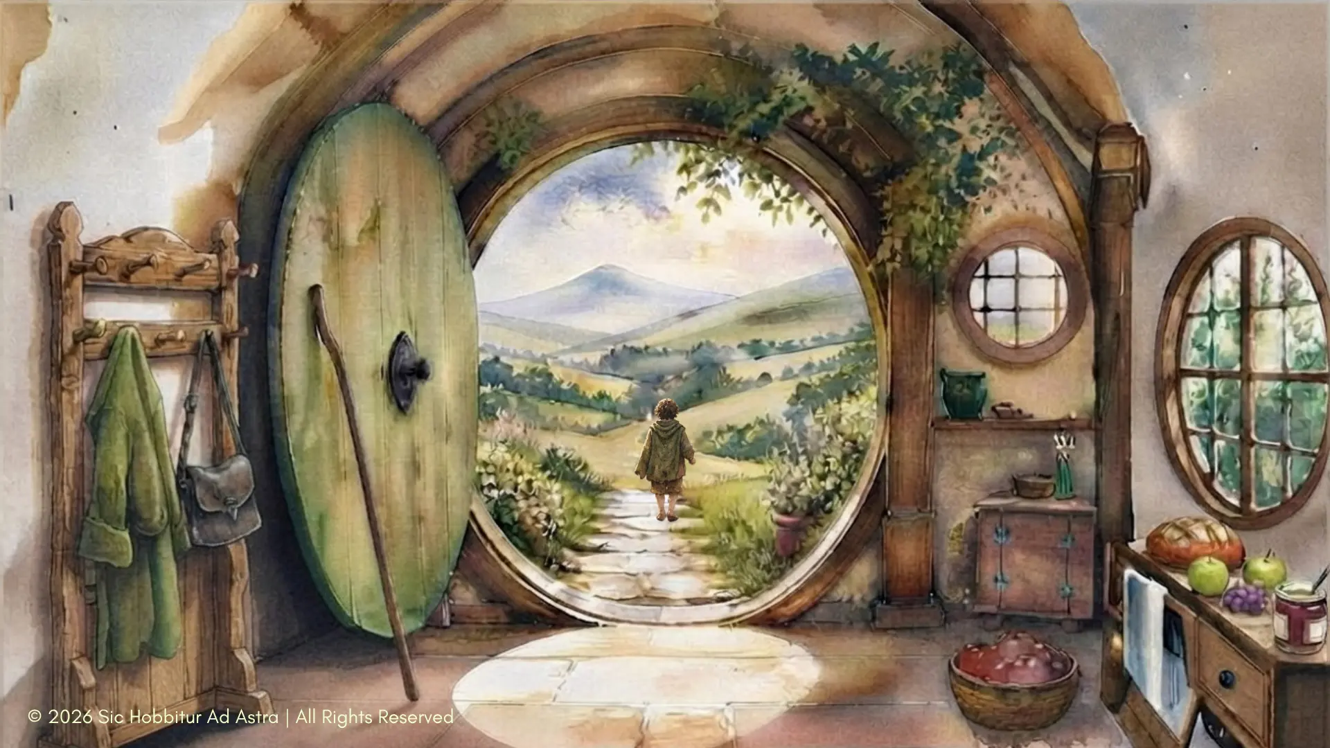 Watercolor view from inside a cosy hobbit home through a round green door, opening onto green hills and a distant mountain, a small traveller on the path — the call to adventure in The Hobbit.