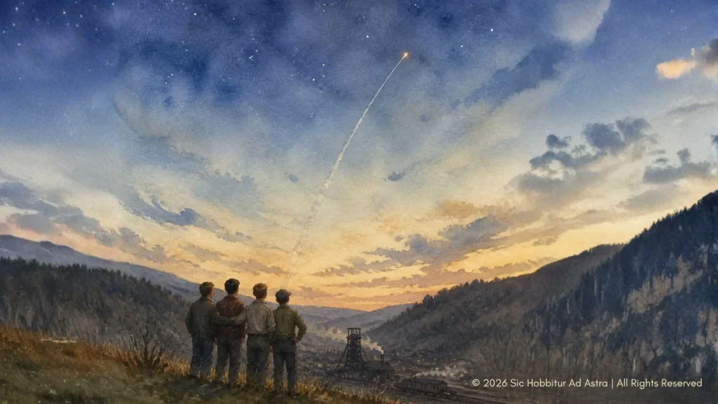 Watercolor of teenagers on a hillside watching a rocket trail rise into a twilight sky, evoking October Sky and back-to-school ambition.