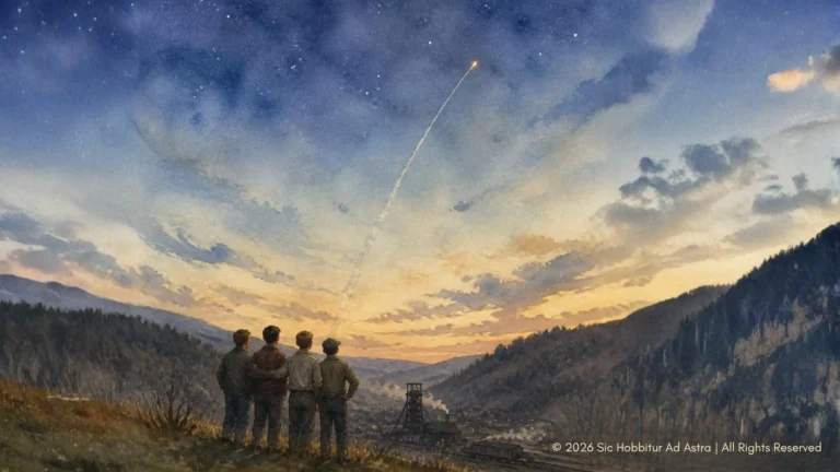 Watercolor of teenagers on a hillside watching a rocket trail rise into a twilight sky, evoking October Sky and back-to-school ambition.