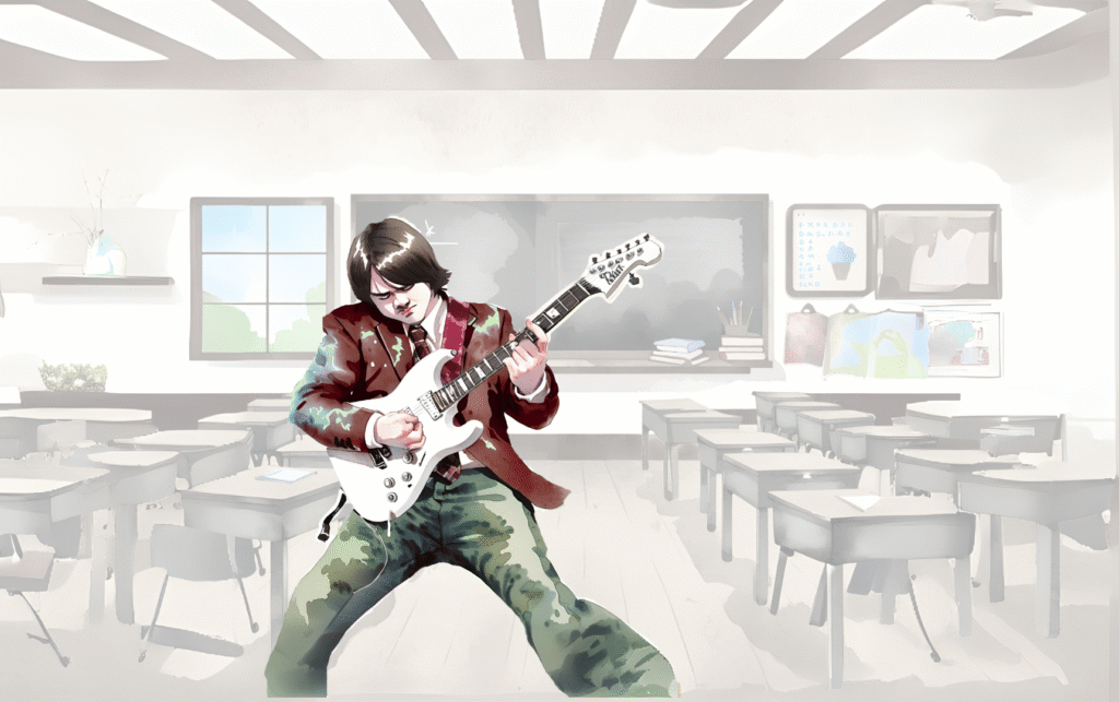 Starting 6th Grade with School of Rock: Teacher Inspires Students with Electric Guitar Teacher playing electric guitar in classroom, illustrating starting 6th grade with School of Rock theme.