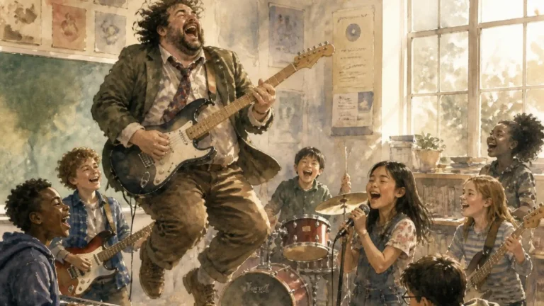 Watercolor of an exuberant teacher leaping with an electric guitar while a diverse class of kids sings and plays instruments together, evoking a classroom becoming a band in School of Rock.