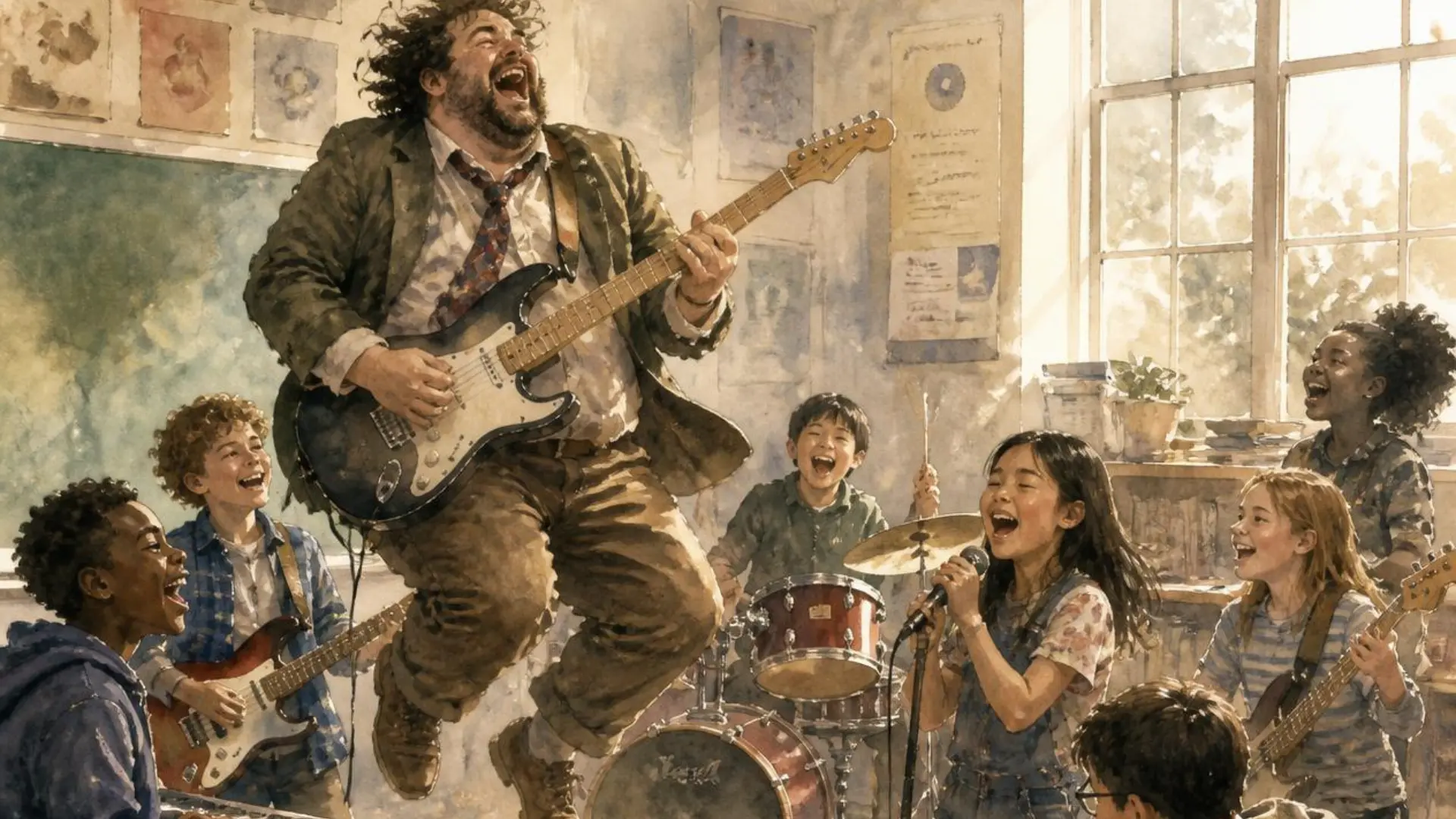 Watercolor of an exuberant teacher leaping with an electric guitar while a diverse class of kids sings and plays instruments together, evoking a classroom becoming a band in School of Rock.