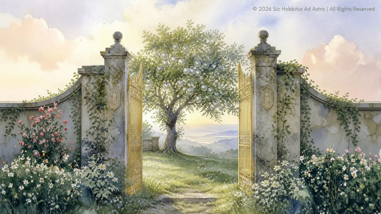 The Magician's Nephew themes: watercolour of the silver apple tree in the walled garden, a symbol of temptation and moral choice