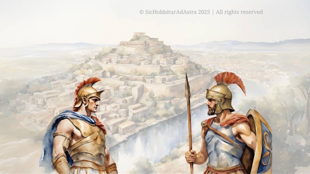 Achilles and Agamemnon’s confrontation before Troy in the Iliad Achilles and Agamemnon lock eyes in front of the city of Troy, symbolizing the conflict and tension at the heart of the Iliad.