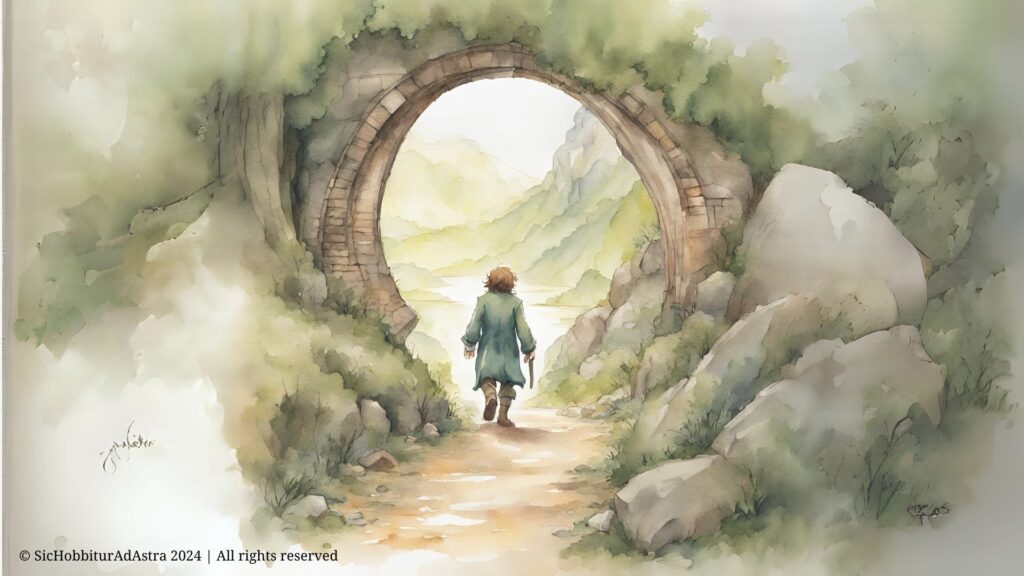 Bilbo Baggins stepping out of his hobbit-hole — an inspiring image for back to school and the start of a new journey.