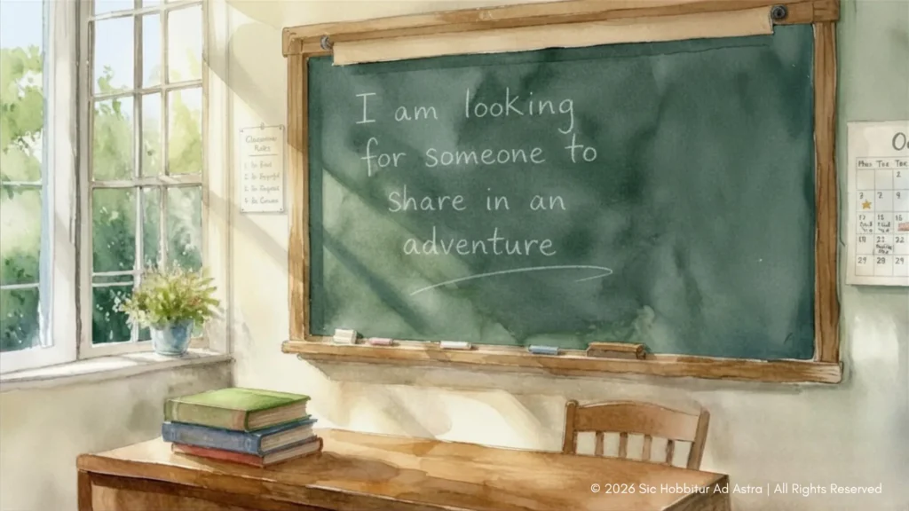 Watercolor of a sunlit classroom on the first day of school, a Hobbit quote about sharing an adventure written on the green chalkboard.