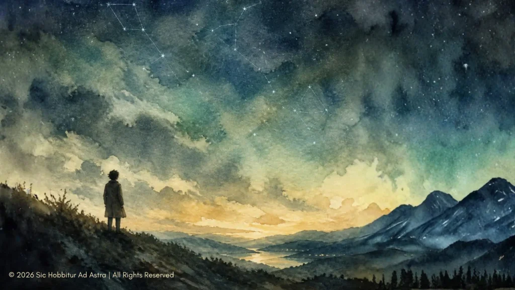 Watercolor illustration of a small figure gazing up at a vast night sky with Greek constellations, evoking the big questions behind Greek mythology for middle school.