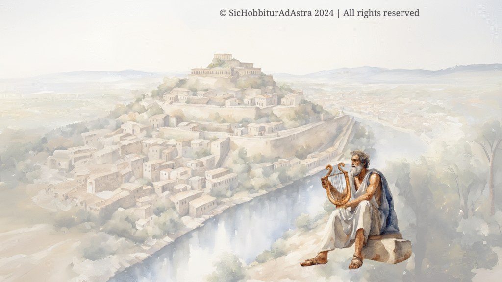 Ancient bard recounting Trojan War myths, related to Iphigenia’s sacrifice Myth narration in the context of the Trojan War, related to Iphigenia's sacrifice