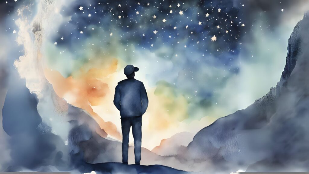 Watercolor illustration of a man looking at a starry sky, reflecting the wonder and curiosity behind Greek mythology for middle school students