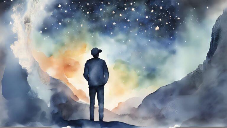Watercolor illustration of a man looking at a starry sky, reflecting the wonder and curiosity behind Greek mythology for middle school students