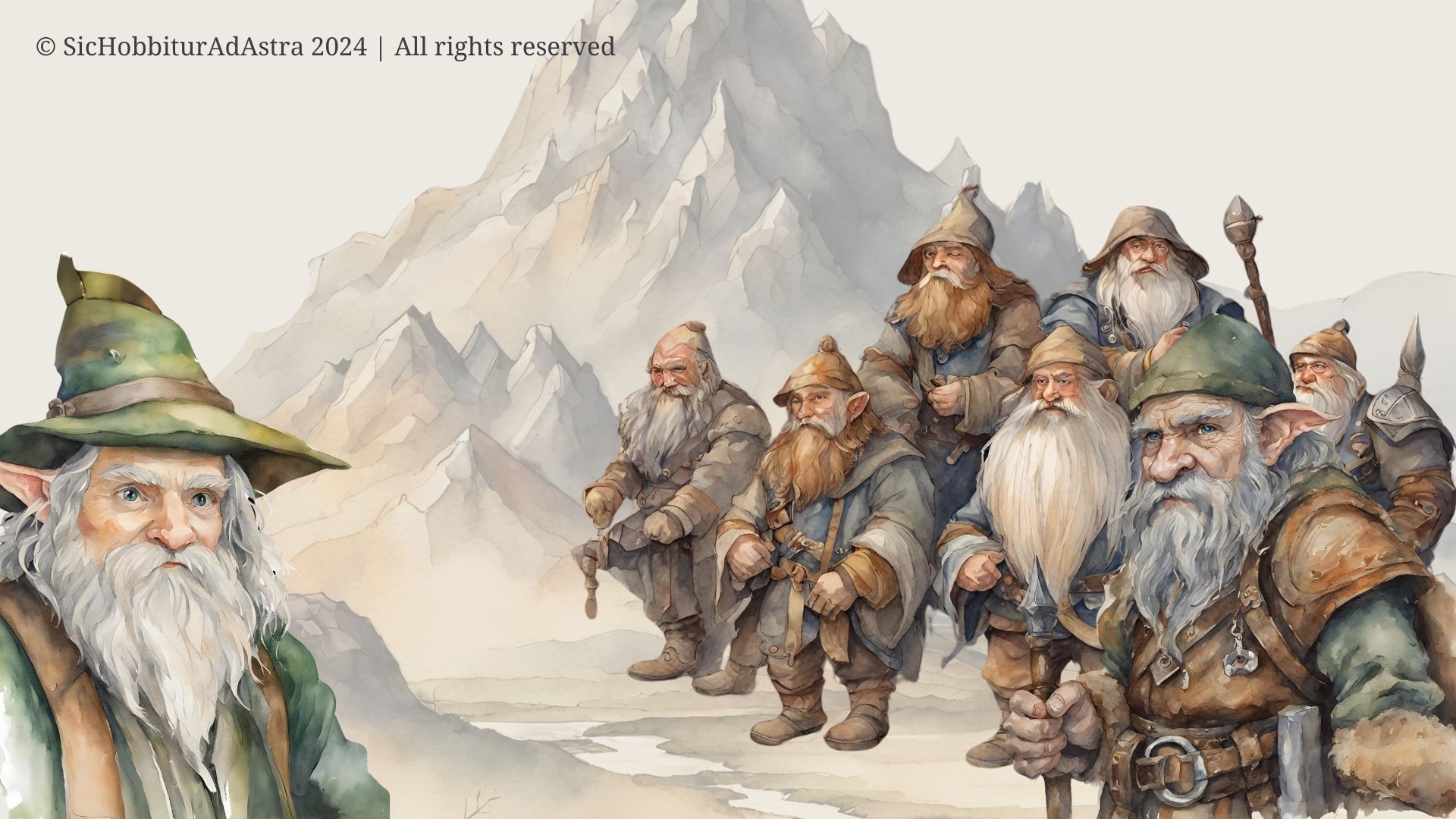 Friendship in The Hobbit: watercolor of Bilbo and the dwarves before the Lonely Mountain, symbolizing loyalty and adventure.