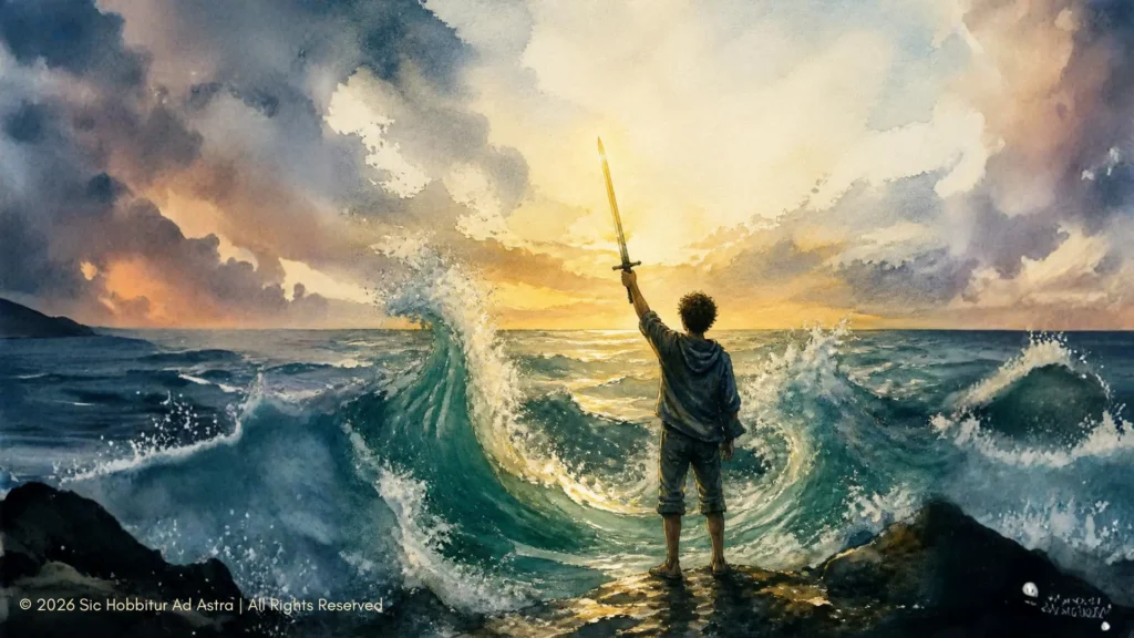 Watercolor of a teenage boy seen from behind at the sea's edge, raising a glowing bronze sword as the water rises around him, evoking Percy Jackson and Greek mythology.