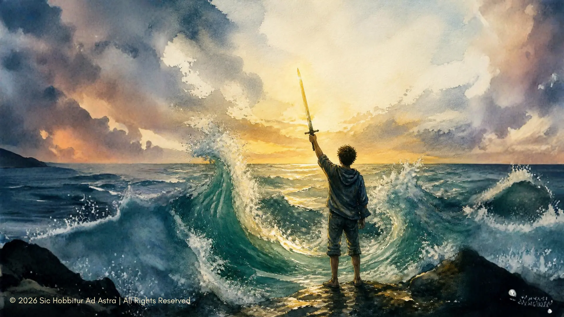 Watercolor of a teenage boy seen from behind at the sea's edge, raising a glowing bronze sword as the water rises around him, evoking Percy Jackson and Greek mythology.