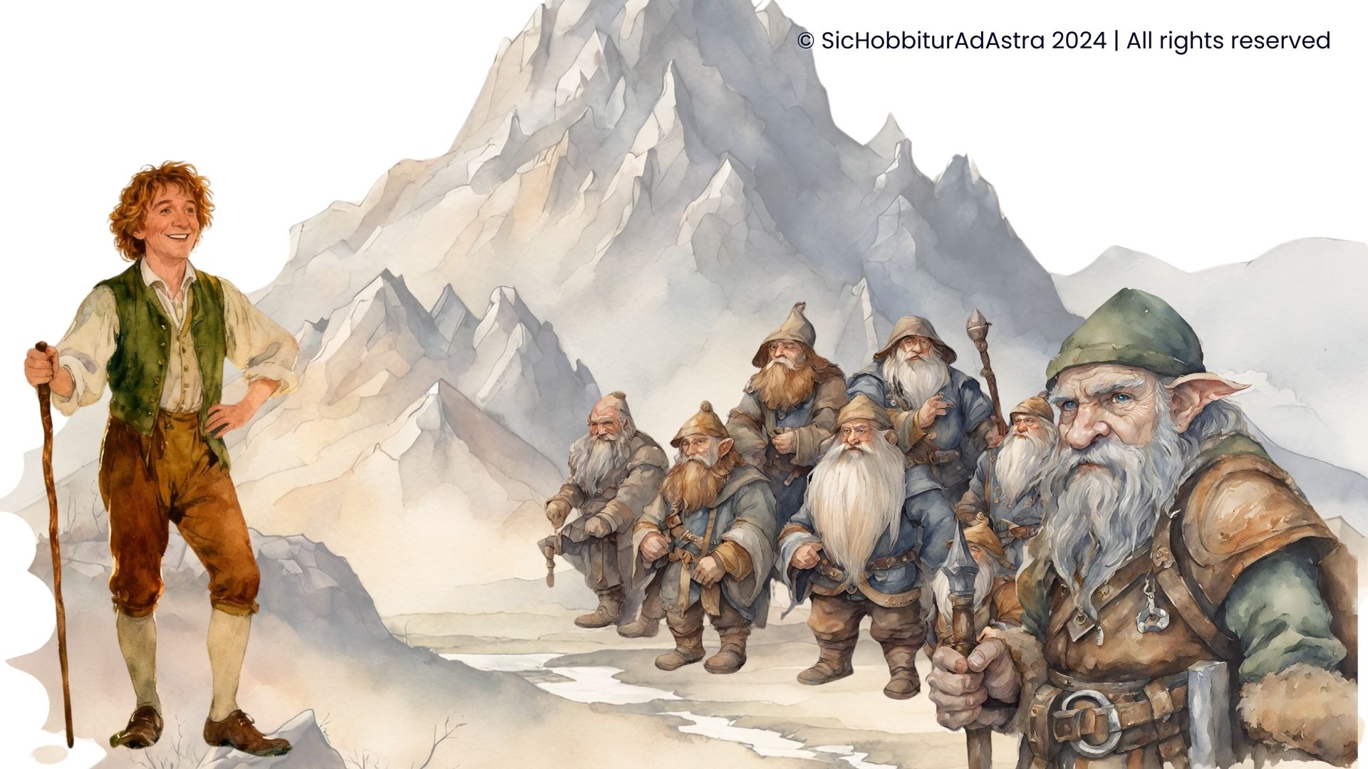 Friendship in The Hobbit: watercolor of Bilbo and the dwarves before the Lonely Mountain, symbolizing loyalty and adventure.
