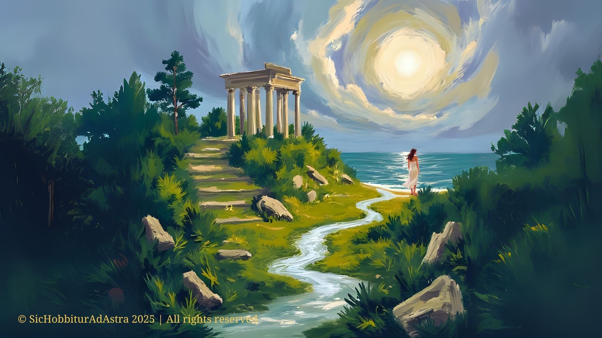 Watercolor illustration of Circe standing on her island, looking thoughtfully at the sea, inspired by Madeleine Miller’s Circe novel.