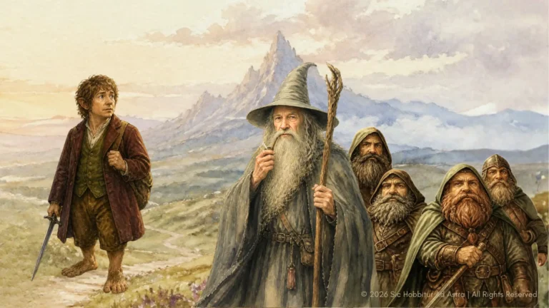 Watercolor-style illustration of a hobbit, a grey wizard, and a company of dwarves journeying together before a mountain, evoking friendship in The Hobbit.