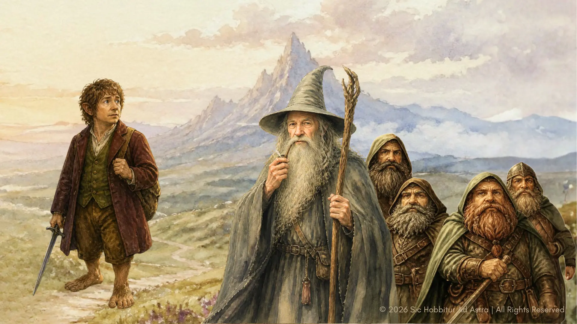 Watercolor-style illustration of a hobbit, a grey wizard, and a company of dwarves journeying together before a mountain, evoking friendship in The Hobbit.