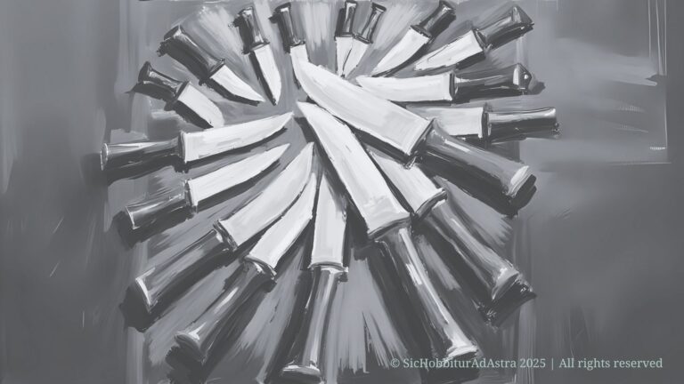 A table with knives pointing at each other, symbolizing suspense and plot twists in mystery writing activities for middle school students.