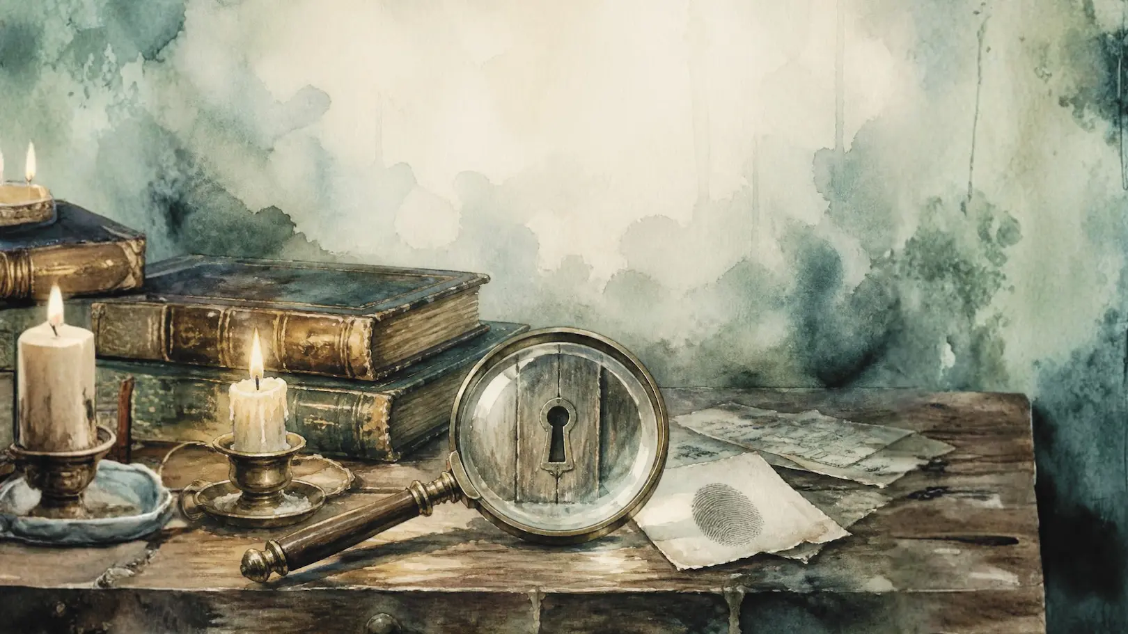 Watercolor of a magnifying glass over a keyhole beside a fingerprint on paper, candles and old books — clues for teaching mystery writing.