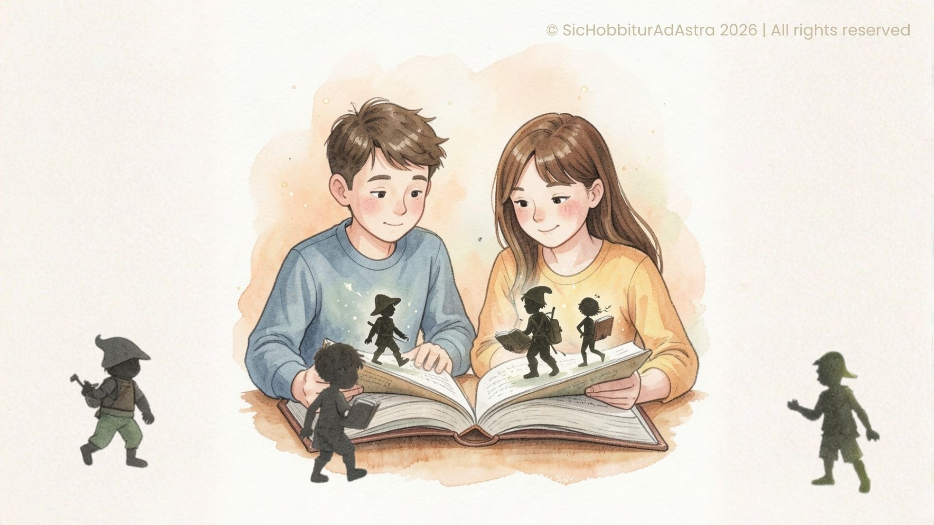 Two middle school students, a boy and a girl, reading an open book from which stylized silhouettes of literary characters emerge, symbolizing vulnerability, internal conflict, and personal growth in literature.