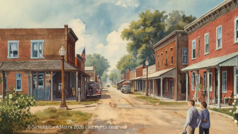 Maycomb town depicted in watercolor, used for To Kill a Mockingbird pre-reading activities on identity and community rules