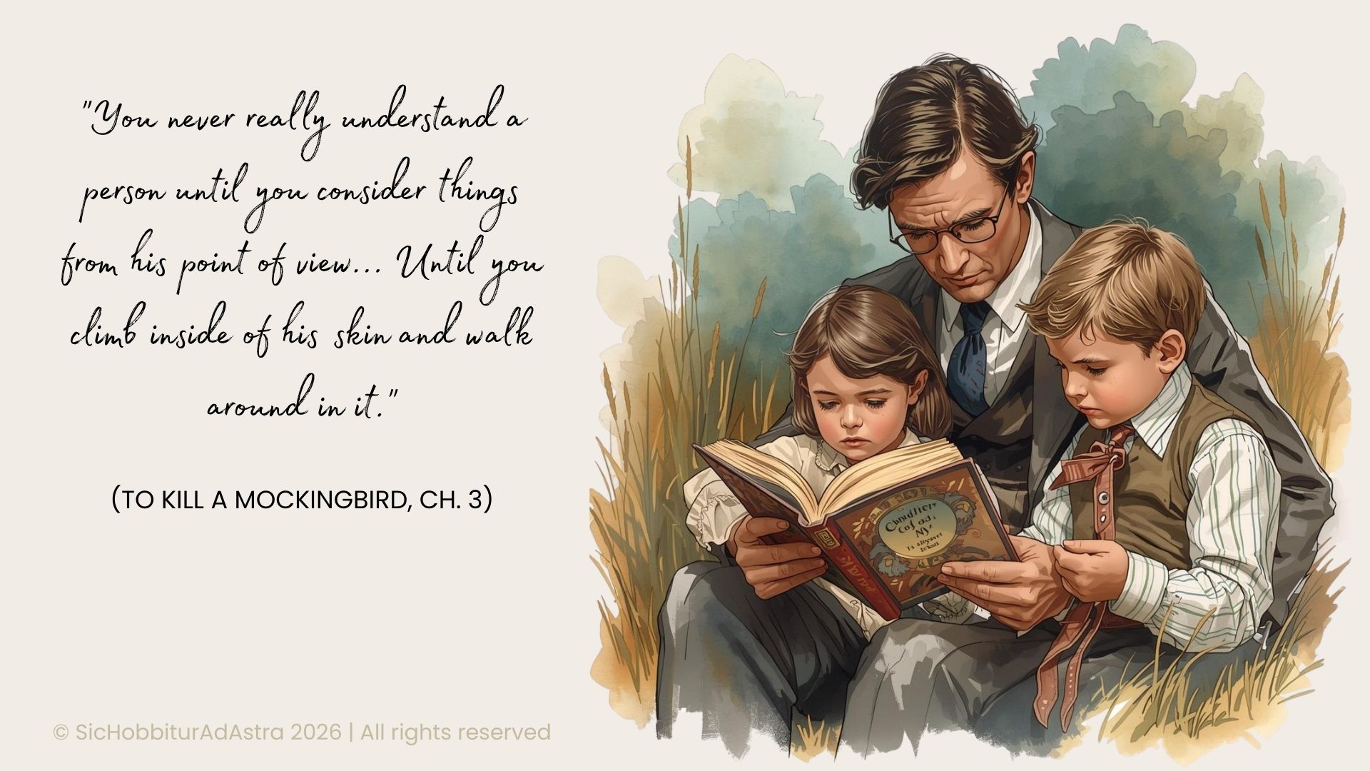 Atticus Finch reading to Scout and Jem, illustrating empathy and perspective in To Kill a Mockingbird pre-reading activities