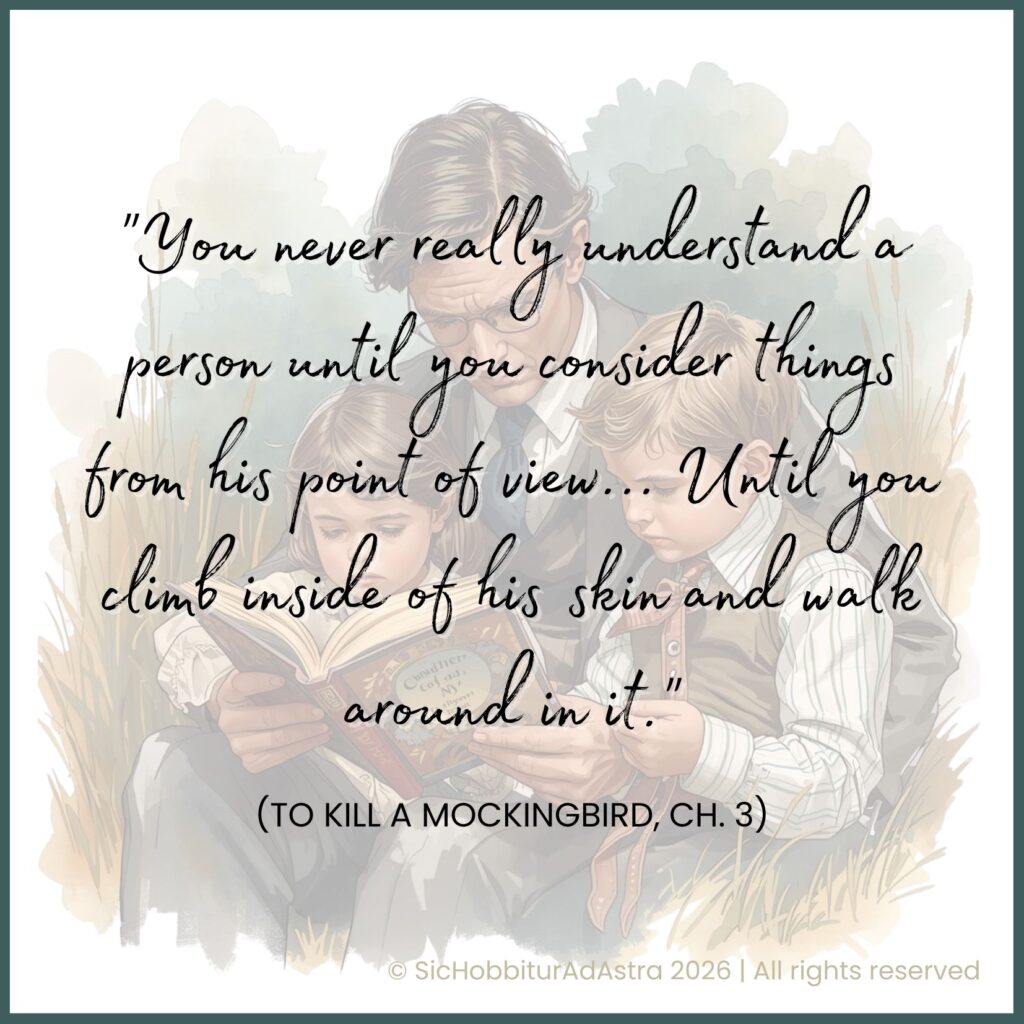 Atticus Finch reading to Scout and Jem, illustrating empathy and perspective in To Kill a Mockingbird pre-reading activities