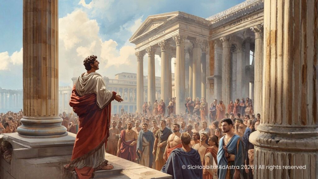 Cicero speaking to the Roman Forum, capturing the political and rhetorical intensity of ancient Rome as depicted in Robert Harris’ novel Imperium.