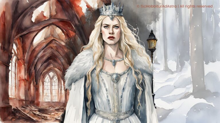 Watercolor illustration of the White Witch in Narnia, with Charn ruins on the left and a snowy Narnia landscape on the right