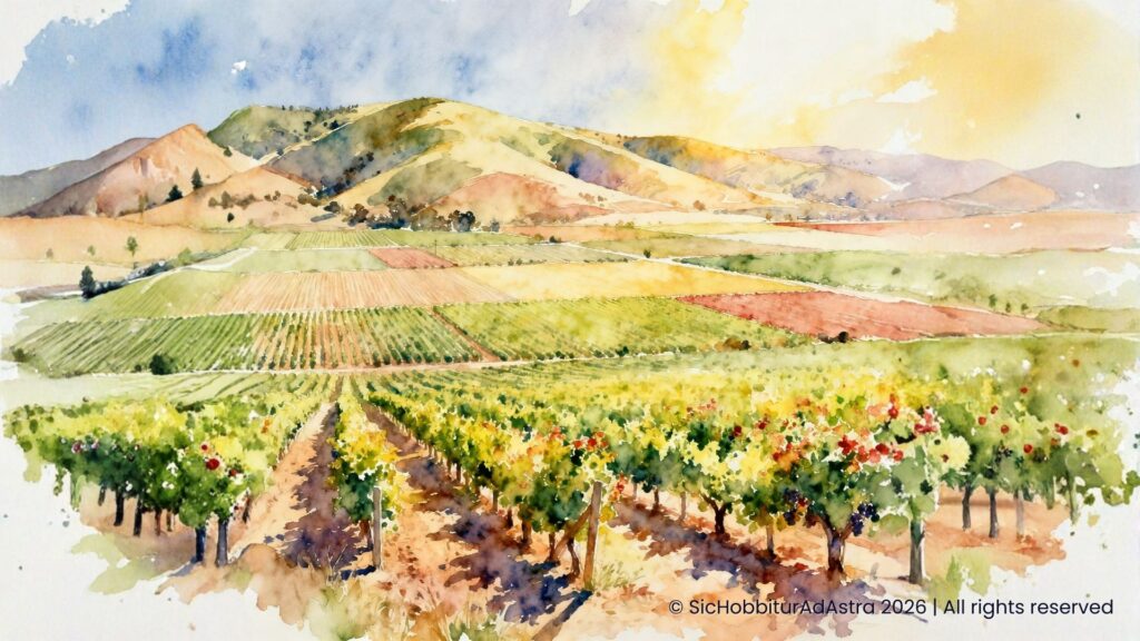 Watercolor illustration of the Salinas Valley in California, the setting of East of Eden by John Steinbeck, symbolizing freedom, moral struggle, and human choice.