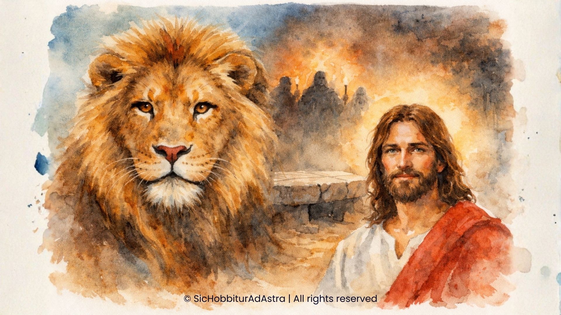Watercolor painting of Aslan the lion and Jesus Christ standing side by side in Narnia, with the empty Stone Table behind them, illustrating The Lion, the Witch and the Wardrobe allegory and its Christian symbolism. Educational and literary analysis context.