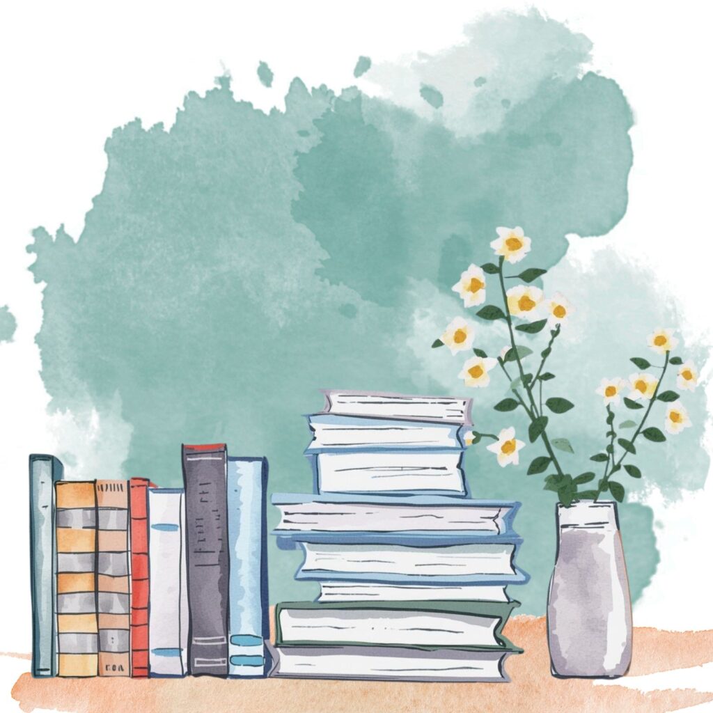 Watercolor illustration in teal tones featuring stacked books, notebooks, and flowers, representing meaningful literature teaching resources.