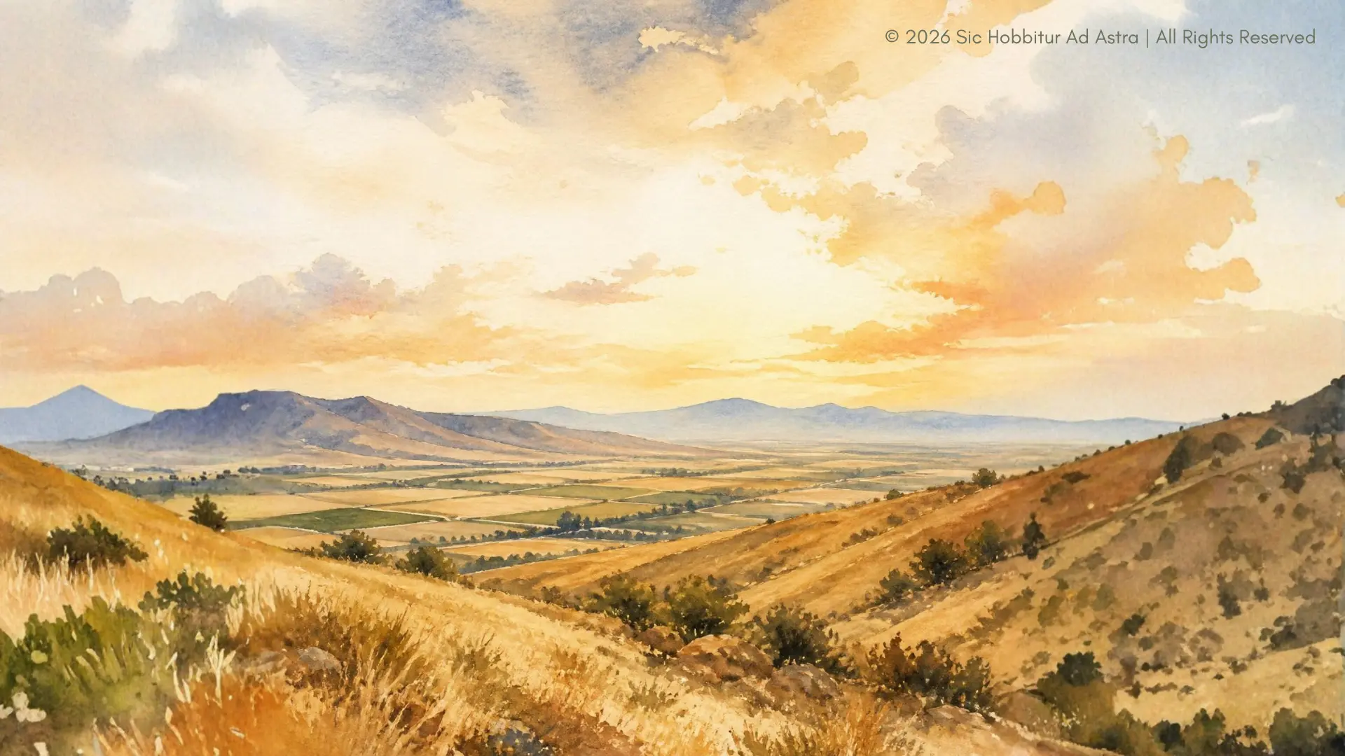 Watercolor illustration of the Salinas Valley in California at golden hour, the setting of East of Eden by John Steinbeck, symbolizing freedom, moral struggle, and human choice.