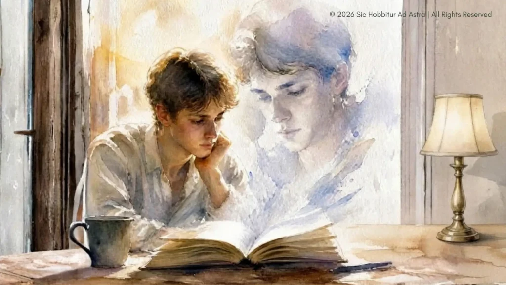 Watercolor of a young reader absorbed in a book beside their own translucent reflection, evoking how students recognize themselves in relatable characters.