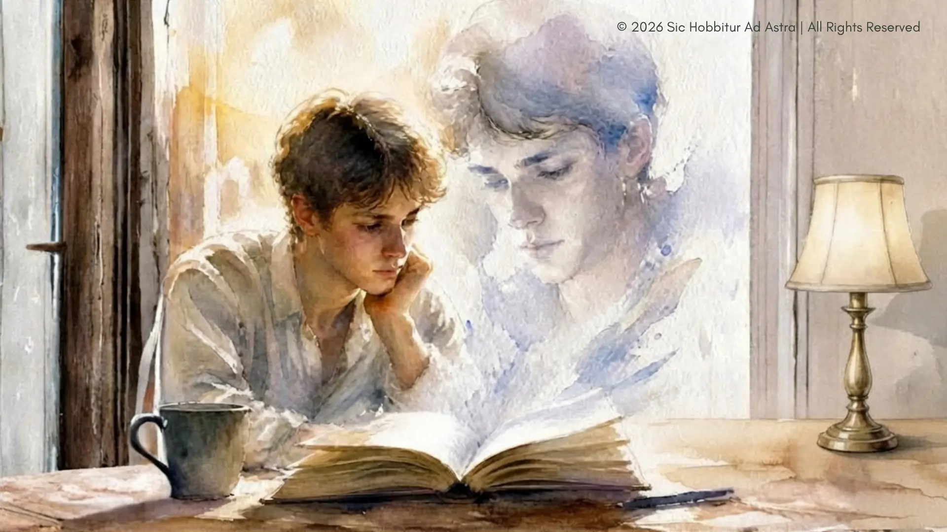 Watercolor of a young reader absorbed in a book beside their own translucent reflection, evoking how students recognize themselves in relatable characters.
