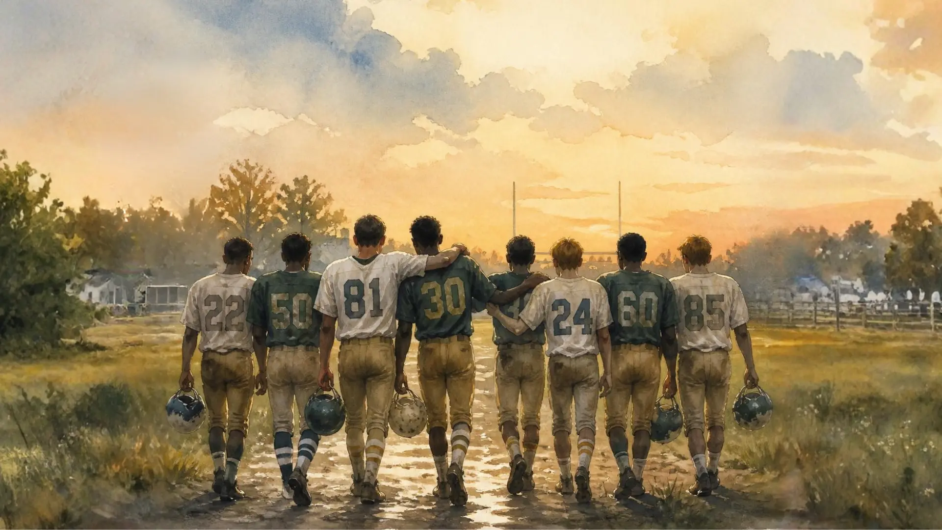 Watercolor of teenage football players walking together toward a field at dusk, arms over shoulders, evoking a team becoming a community.