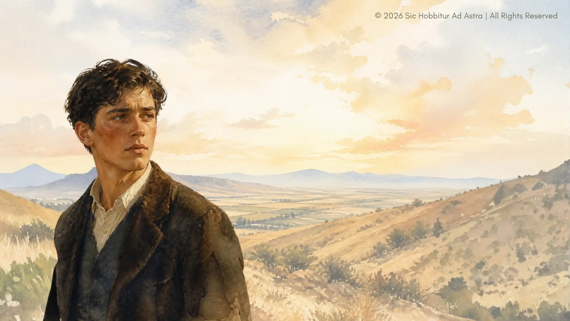 Watercolor portrait of Cal from East of Eden, thoughtful and conflicted, with the Salinas Valley behind him, evoking timshel — "thou mayest" — and moral choice.