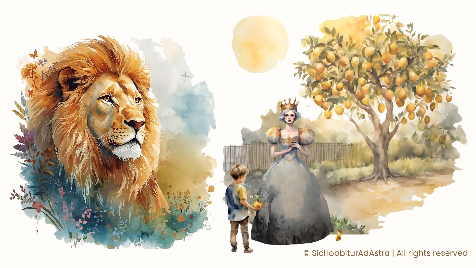 Watercolor illustration showing Aslan singing Narnia into existence on the left, and Digory facing the White Witch in the walled garden on the right, symbolizing creation and moral choice.