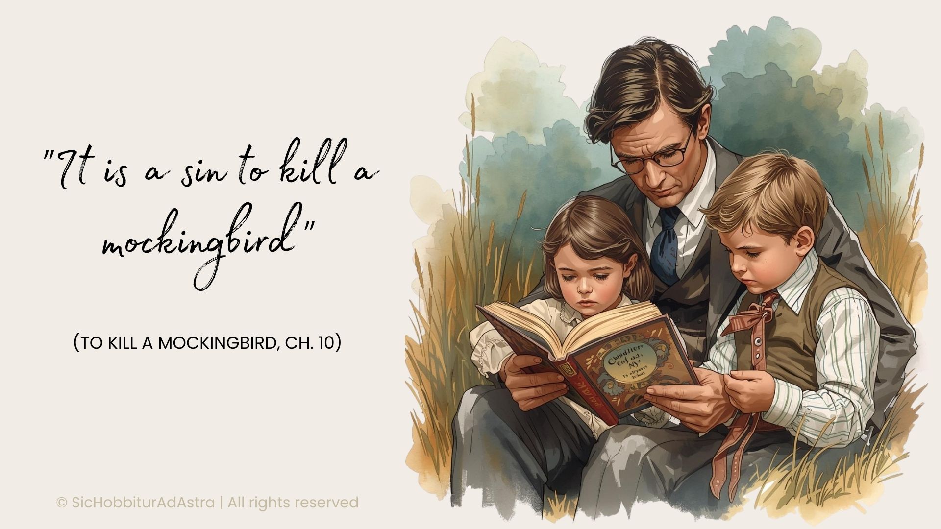 Watercolor illustration of Atticus Finch reading to Scout and Jem with the quote “It is a sin to kill a mockingbird,” representing the meaning of To Kill a Mockingbird