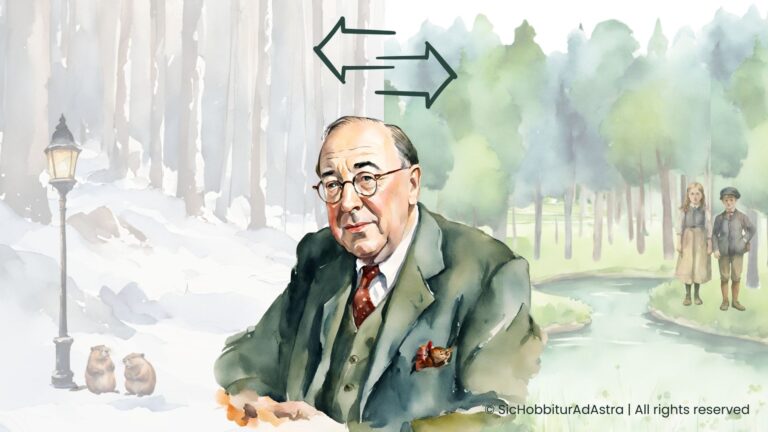 Watercolor painting of C.S. Lewis with snowy Narnia on one side and the Wood Between the Worlds on the other, two arrows above his head pointing to each world, symbolizing the choice of reading order.
