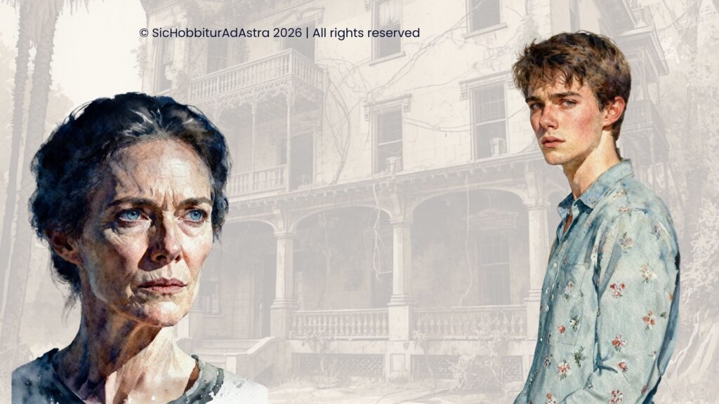 Watercolor illustration of Cathy Ames from East of Eden with Cal in the background, representing the theme of evil and moral conflict