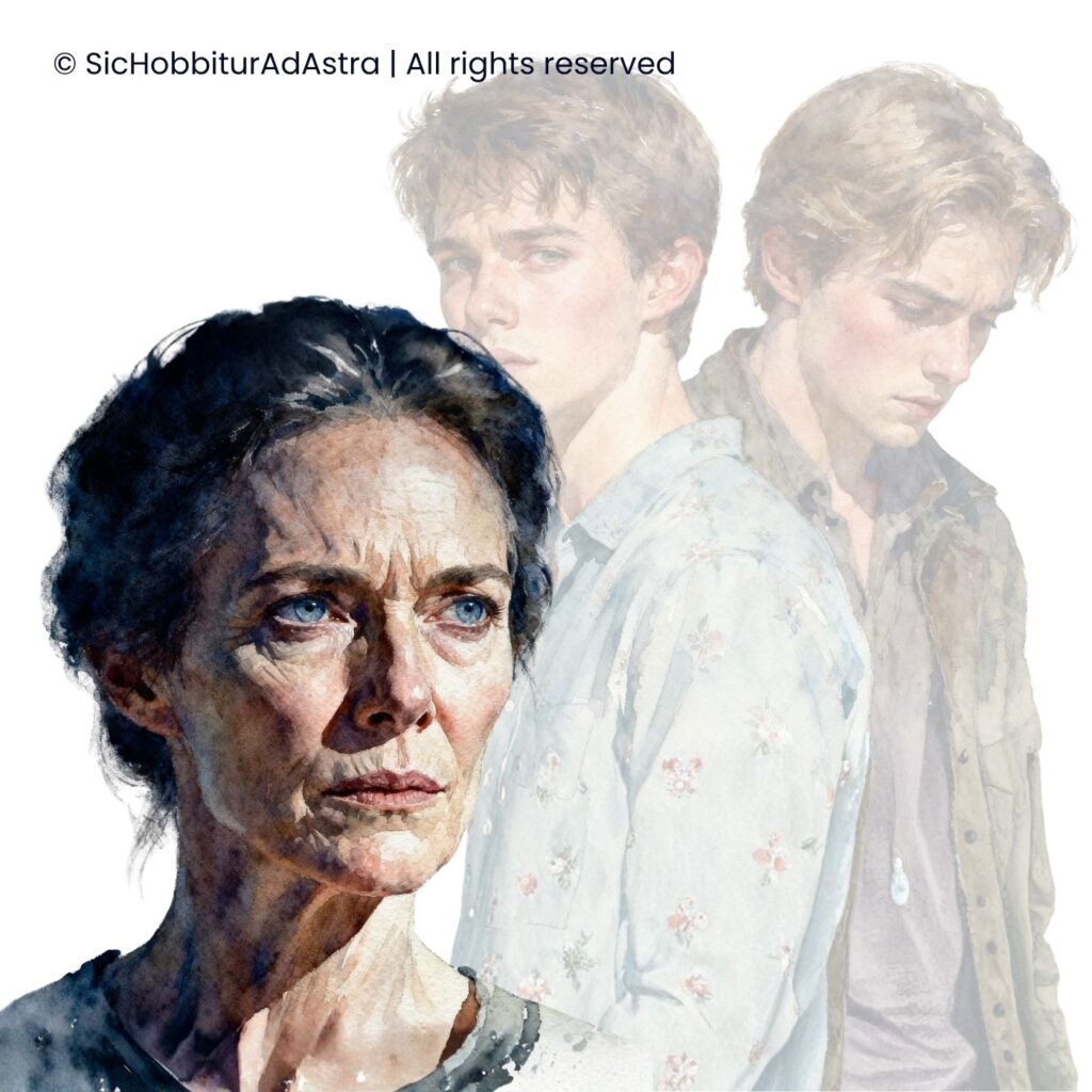 Watercolor illustration of Cathy Ames from East of Eden with Cal and Aron in the background, representing the theme of evil and moral conflict