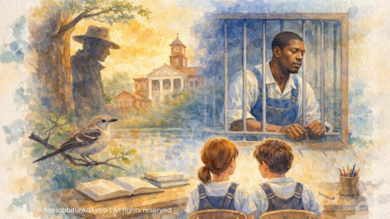 Watercolor illustration of Scout and Jem sitting at a desk in a classroom, observing symbolic representations of Boo Radley behind a tree and Tom Robinson behind bars, with a mockingbird perched nearby.